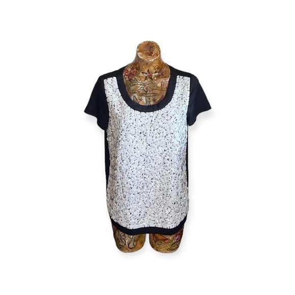 Ann Taylor top short sleep black white sequins medium - Picture 1 of 7